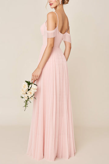 Blushing Pink A Line Cold Shoulder Tulle Long Bridesmaid Dress